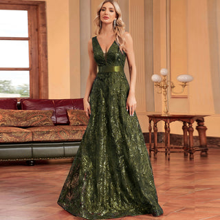 Luxury V-Neck Sequins Evening Gown Women Elegant Prom Maxi Dress - Rosymae