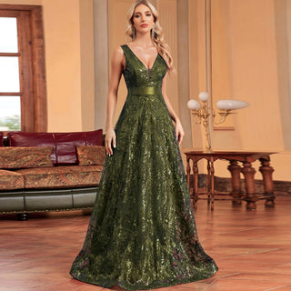 Luxury V-Neck Sequins Evening Gown Women Elegant Prom Maxi Dress - Rosymae