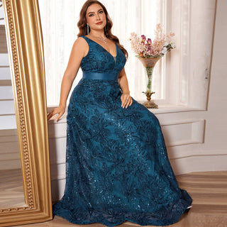Luxury V-Neck Sequins Evening Gown Women Elegant Prom Maxi Dress - Rosymae