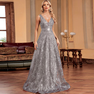 Luxury V-Neck Sequins Evening Gown Women Elegant Prom Maxi Dress - Rosymae