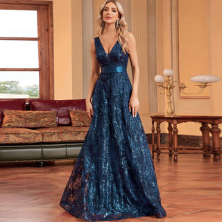 Luxury V-Neck Sequins Evening Gown Women Elegant Prom Maxi Dress - Rosymae