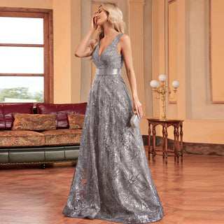 Luxury V-Neck Sequins Evening Gown Women Elegant Prom Maxi Dress - Rosymae