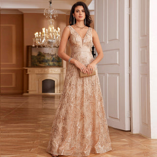 Luxury V-Neck Sequins Evening Gown Women Elegant Prom Maxi Dress - Rosymae