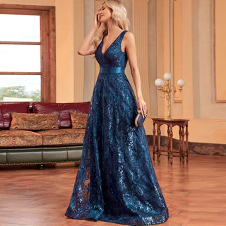 Luxury V-Neck Sequins Evening Gown Women Elegant Prom Maxi Dress - Rosymae