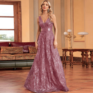 Luxury V-Neck Sequins Evening Gown Women Elegant Prom Maxi Dress - Rosymae