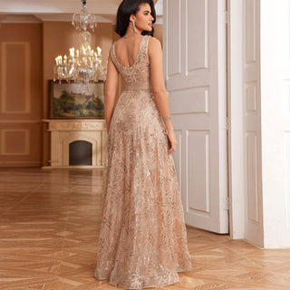 Luxury V-Neck Sequins Evening Gown Women Elegant Prom Maxi Dress - Rosymae