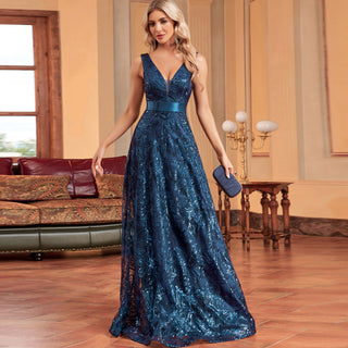 Luxury V-Neck Sequins Evening Gown Women Elegant Prom Maxi Dress - Rosymae