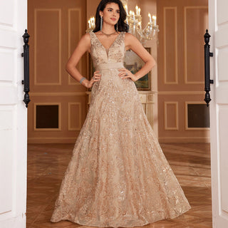 Luxury V-Neck Sequins Evening Gown Women Elegant Prom Maxi Dress - Rosymae