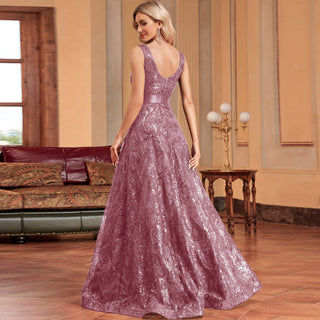 Luxury V-Neck Sequins Evening Gown Women Elegant Prom Maxi Dress - Rosymae