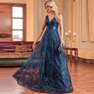 Luxury V-Neck Sequins Evening Gown Women Elegant Prom Maxi Dress - Rosymae