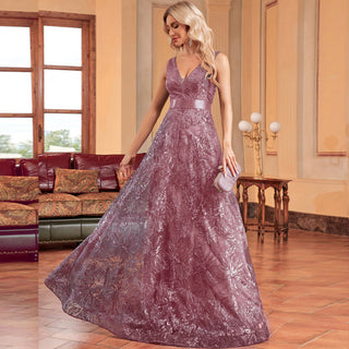 Luxury V-Neck Sequins Evening Gown Women Elegant Prom Maxi Dress - Rosymae