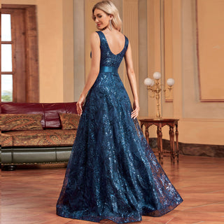 Luxury V-Neck Sequins Evening Gown Women Elegant Prom Maxi Dress - Rosymae
