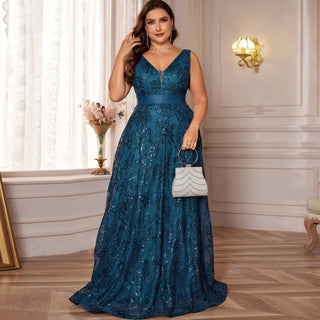 Luxury V-Neck Sequins Evening Gown Women Elegant Prom Maxi Dress - Rosymae