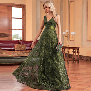 Luxury V-Neck Sequins Evening Gown Women Elegant Prom Maxi Dress - Rosymae