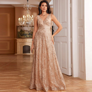 Luxury V-Neck Sequins Evening Gown Women Elegant Prom Maxi Dress - Rosymae