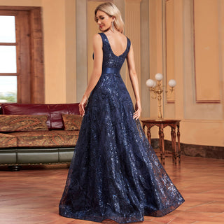 Luxury V-Neck Sequins Evening Gown Women Elegant Prom Maxi Dress - Rosymae