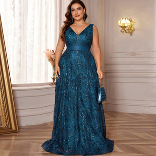 Luxury V-Neck Sequins Evening Gown Women Elegant Prom Maxi Dress - Rosymae