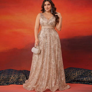 Luxury V-Neck Sequins Evening Gown Women Elegant Prom Maxi Dress - Rosymae