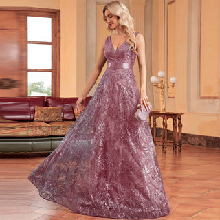 Luxury V-Neck Sequins Evening Gown Women Elegant Prom Maxi Dress - Rosymae