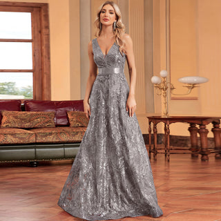 Luxury V-Neck Sequins Evening Gown Women Elegant Prom Maxi Dress - Rosymae