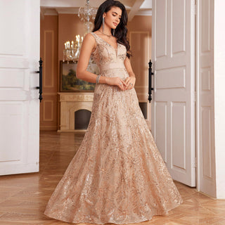 Luxury V-Neck Sequins Evening Gown Women Elegant Prom Maxi Dress - Rosymae
