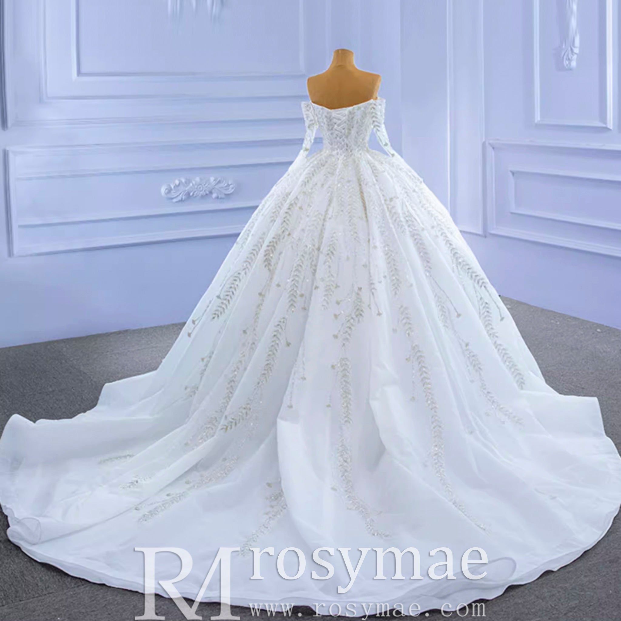 Luxury Wedding Dress Off the Shoulder Long Sleeve Wedding Gown - Rosymae