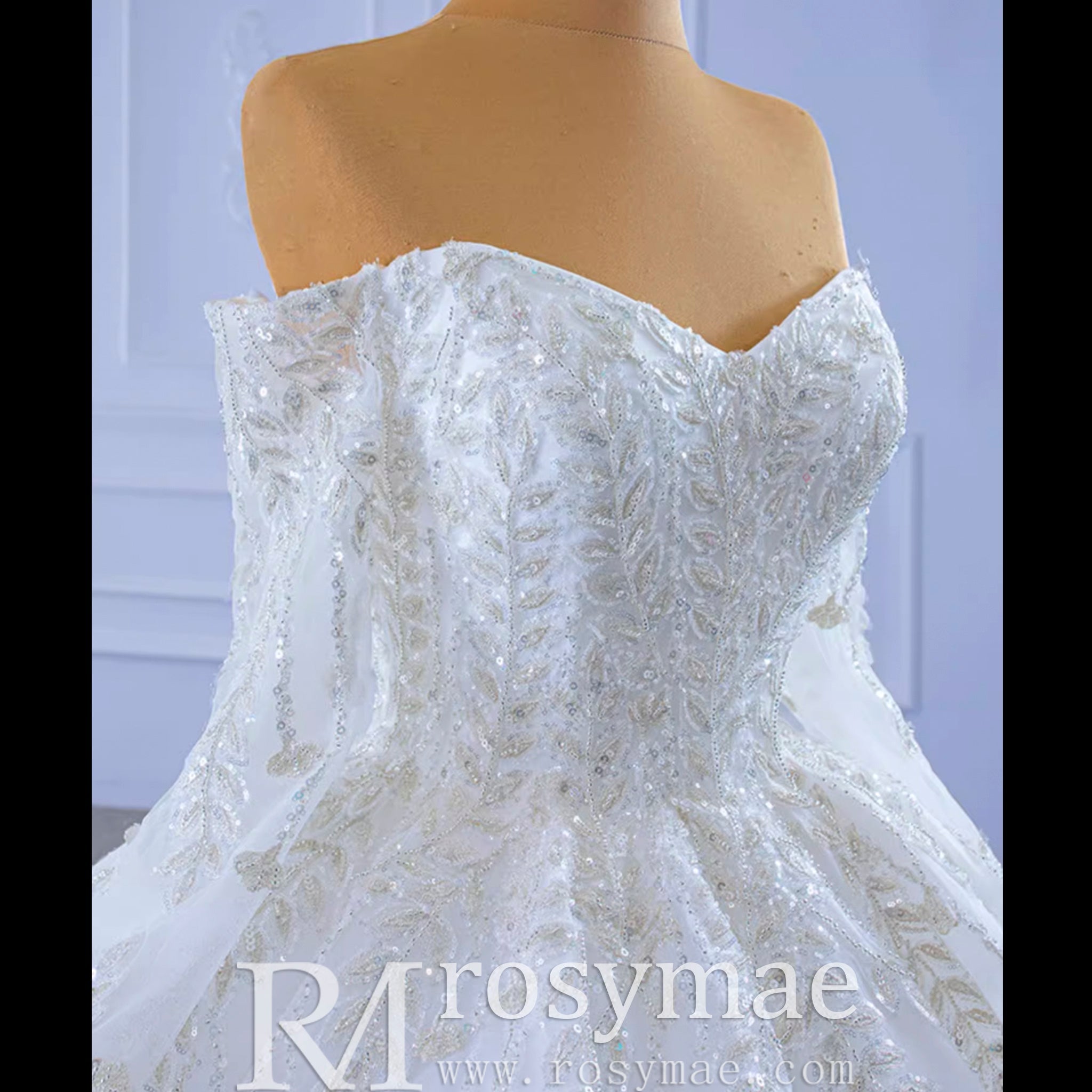 Luxury Wedding Dress Off the Shoulder Long Sleeve Wedding Gown - Rosymae