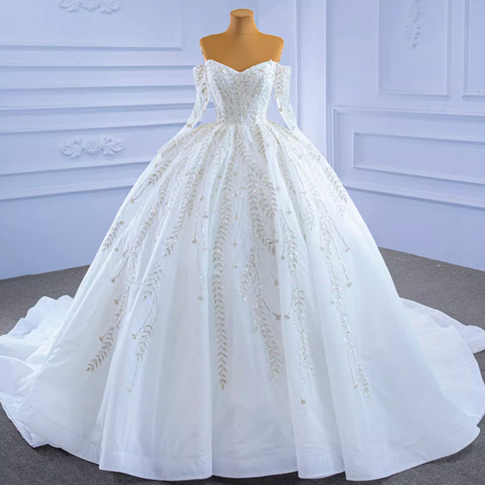 Luxury Wedding Dress Off the Shoulder Long Sleeve Wedding Gown - Rosymae