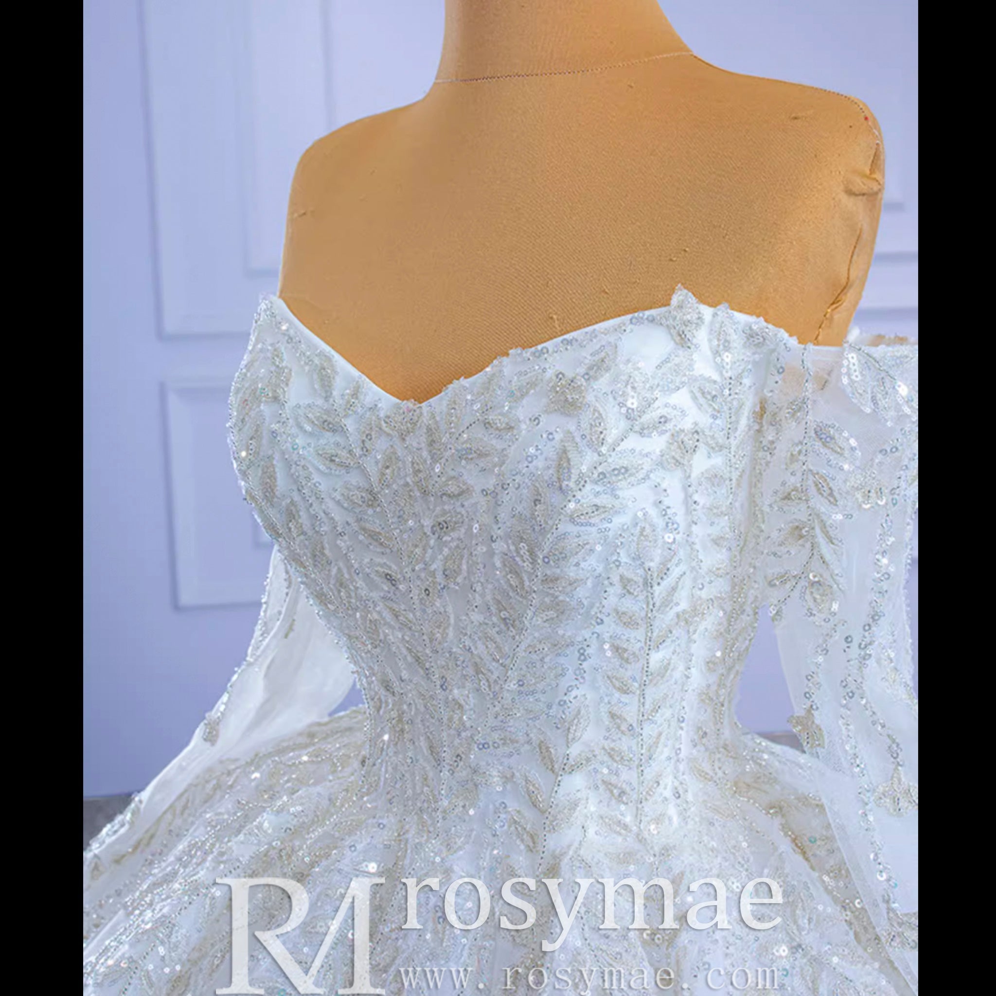 Luxury Wedding Dress Off the Shoulder Long Sleeve Wedding Gown - Rosymae