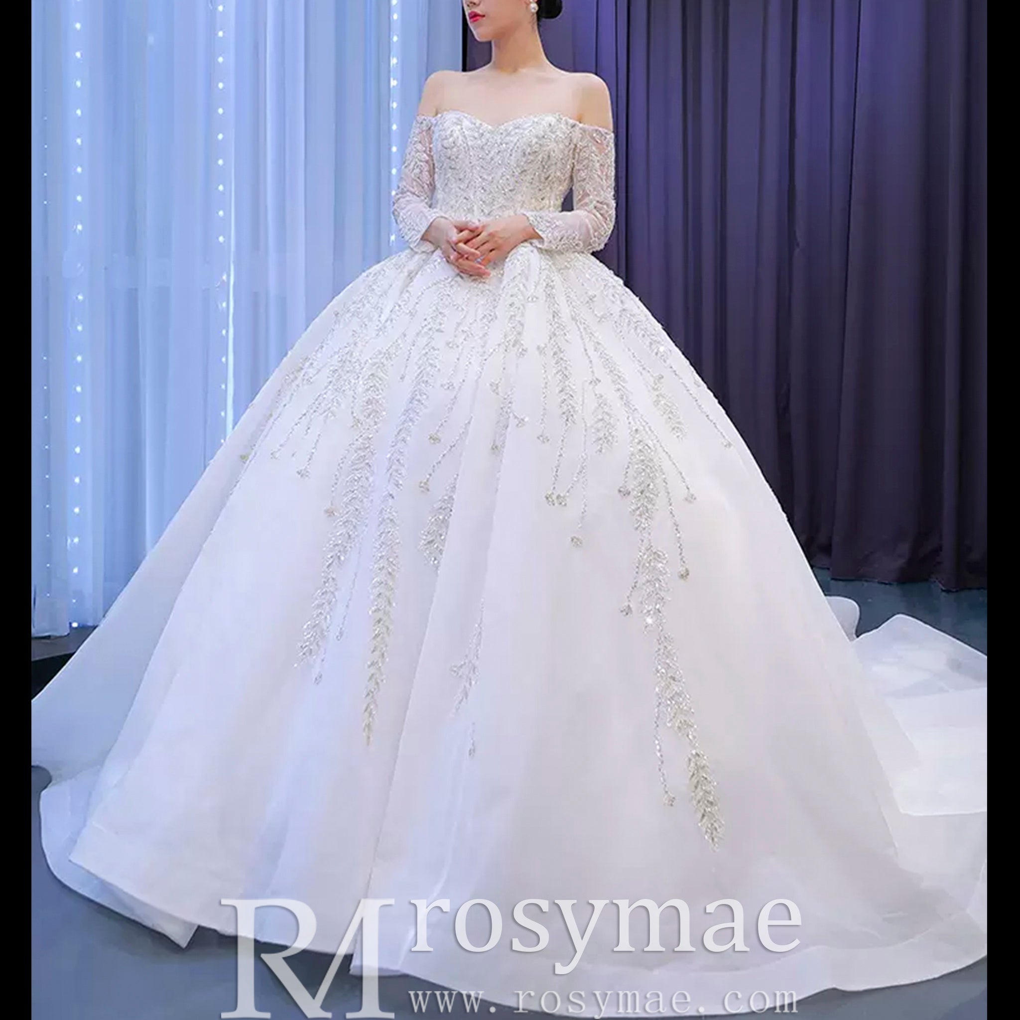 Luxury Wedding Dress Off the Shoulder Long Sleeve Wedding Gown - Rosymae