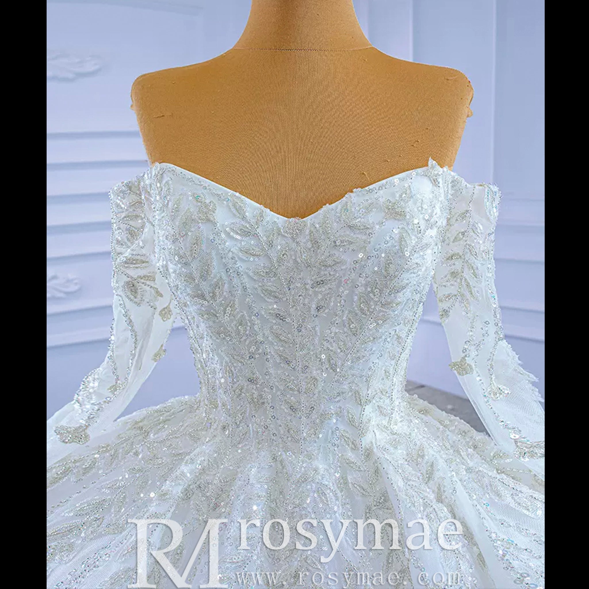 Luxury Wedding Dress Off the Shoulder Long Sleeve Wedding Gown - Rosymae
