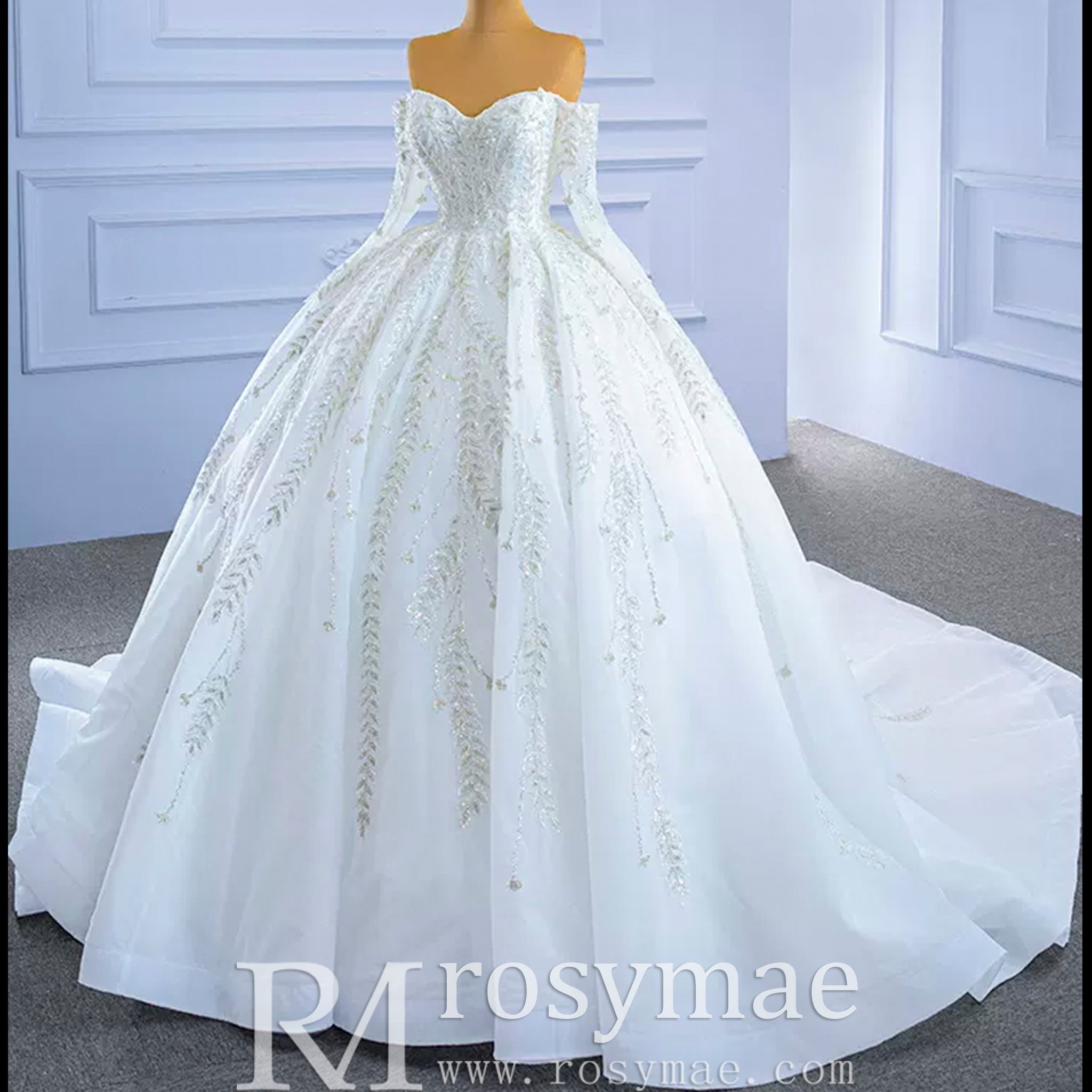 Luxury Wedding Dress Off the Shoulder Long Sleeve Wedding Gown - Rosymae
