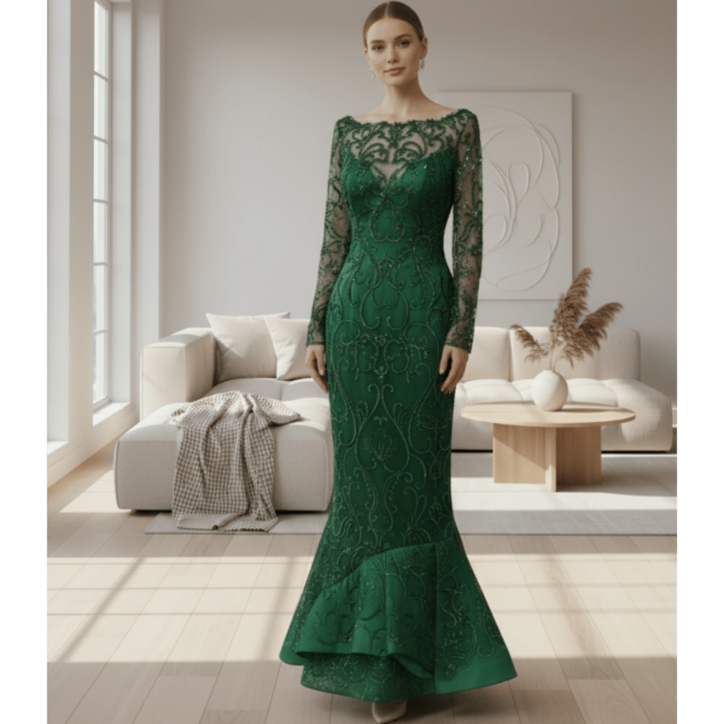 Maxi Long Sleeve Dark Green Mermaid Prom Dress with Scoop Neckline - Rosymae