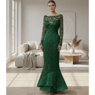 Maxi Long Sleeve Dark Green Mermaid Prom Dress with Scoop Neckline - Rosymae