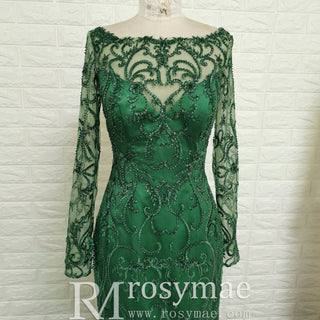 Maxi Long Sleeve Dark Green Mermaid Prom Dress with Scoop Neckline - Rosymae
