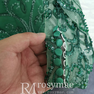 Maxi Long Sleeve Dark Green Mermaid Prom Dress with Scoop Neckline - Rosymae