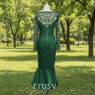 Maxi Long Sleeve Dark Green Mermaid Prom Dress with Scoop Neckline - Rosymae