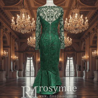 Maxi Long Sleeve Dark Green Mermaid Prom Dress with Scoop Neckline - Rosymae