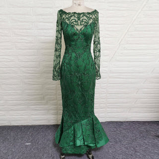 Maxi Long Sleeve Dark Green Mermaid Prom Dress with Scoop Neckline - Rosymae