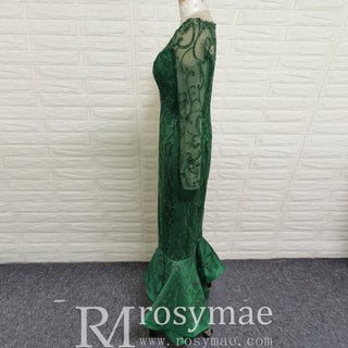 Maxi Long Sleeve Dark Green Mermaid Prom Dress with Scoop Neckline - Rosymae