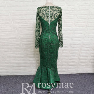 Maxi Long Sleeve Dark Green Mermaid Prom Dress with Scoop Neckline - Rosymae