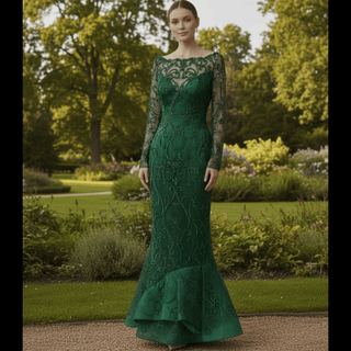 Maxi Long Sleeve Dark Green Mermaid Prom Dress with Scoop Neckline - Rosymae