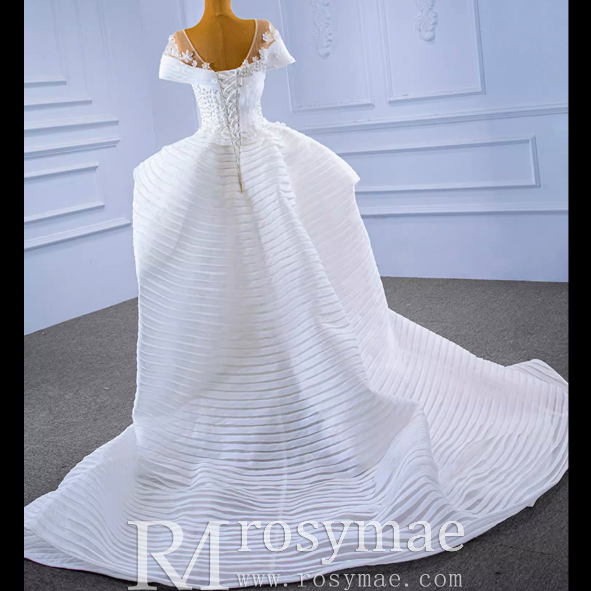 Mermaid Appliques Pearls Cap Sleeve Unique Wedding Dress - Rosymae