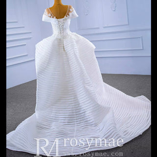 Mermaid Appliques Pearls Cap Sleeve Unique Wedding Dress - Rosymae