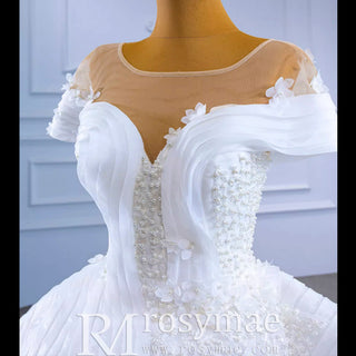 Mermaid Appliques Pearls Cap Sleeve Unique Wedding Dress - Rosymae