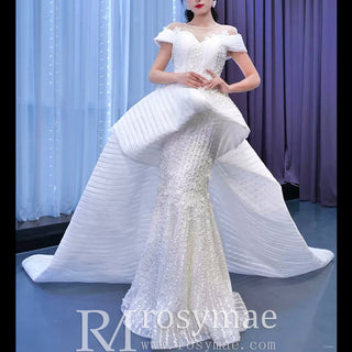 Mermaid Appliques Pearls Cap Sleeve Unique Wedding Dress - Rosymae