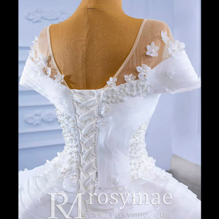 Mermaid Appliques Pearls Cap Sleeve Unique Wedding Dress - Rosymae
