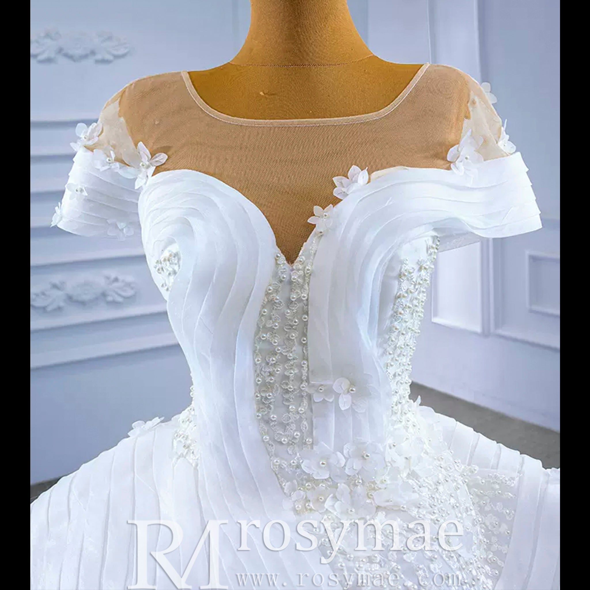 Mermaid Appliques Pearls Cap Sleeve Unique Wedding Dress - Rosymae