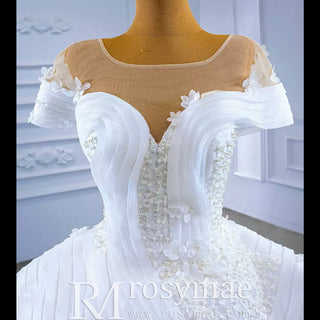Mermaid Appliques Pearls Cap Sleeve Unique Wedding Dress - Rosymae