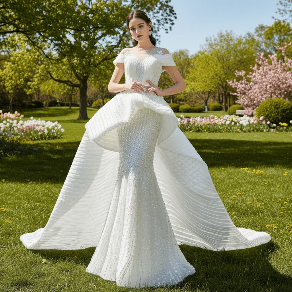 Mermaid Appliques Pearls Cap Sleeve Unique Wedding Dress - Rosymae
